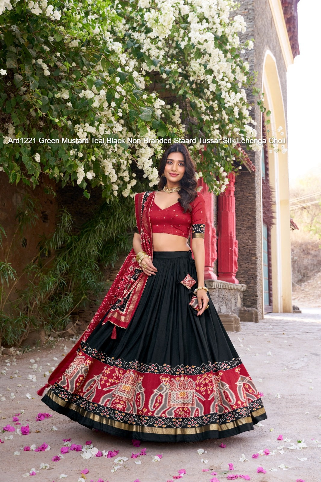 Ard1221 Green Mustard Teal Black Non-Branded Staard Tussar Silk Lehenga Choli