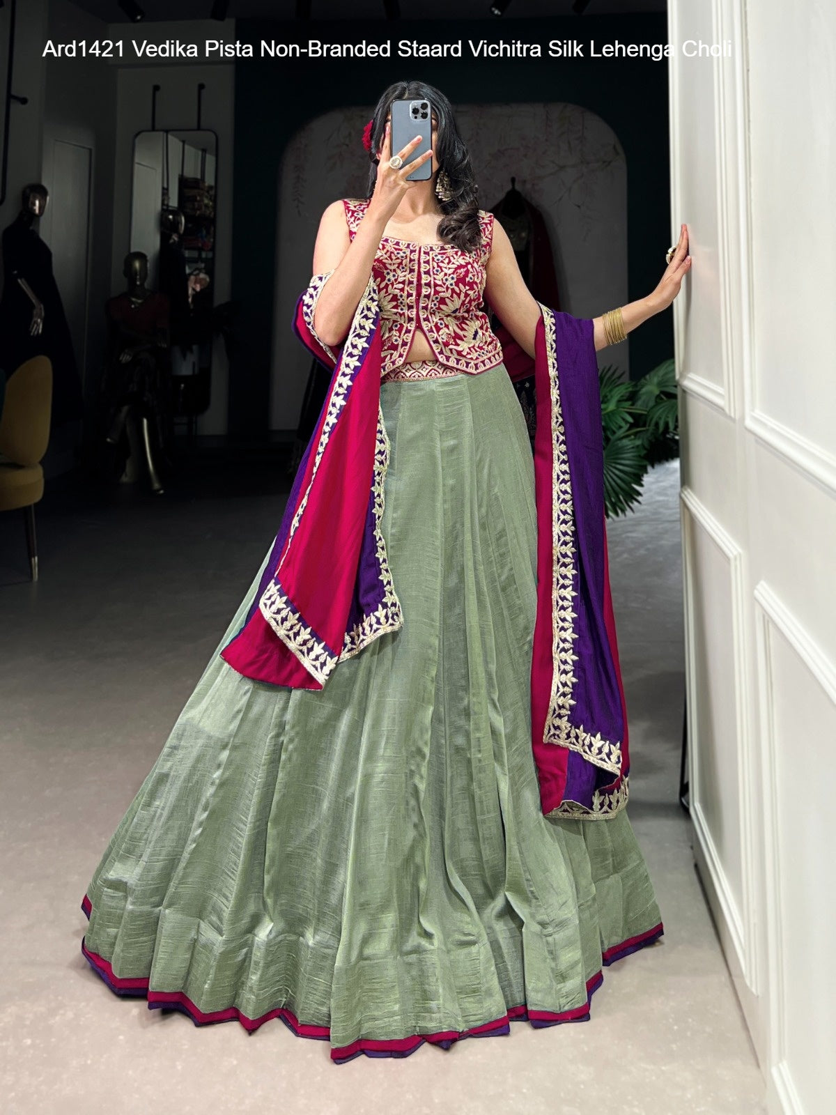 Ard1421 Vedika Pista Non-Branded Staard Vichitra Silk Lehenga Choli