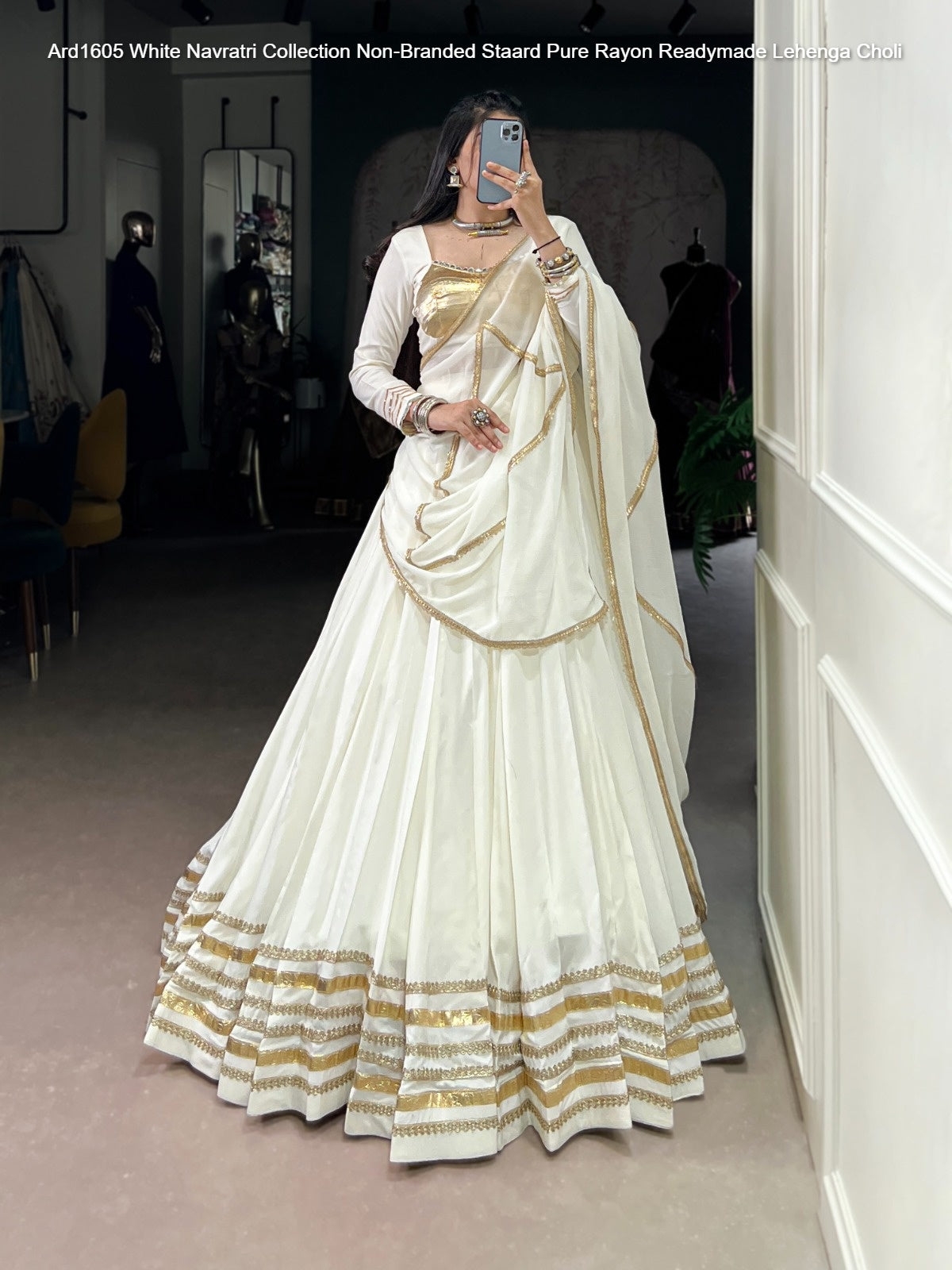 Ard1605 White Navratri Collection Non-Branded Staard Pure Rayon Readymade Lehenga Choli
