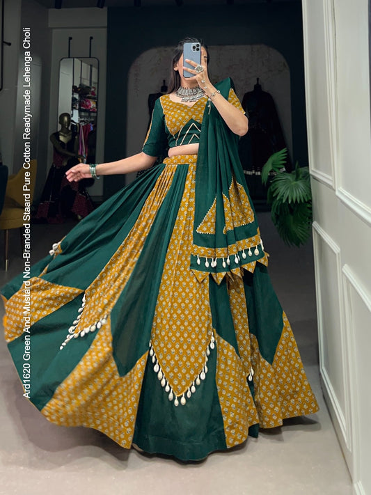 Ard1620 Green And Mustard Non-Branded Staard Pure Cotton Readymade Lehenga Choli