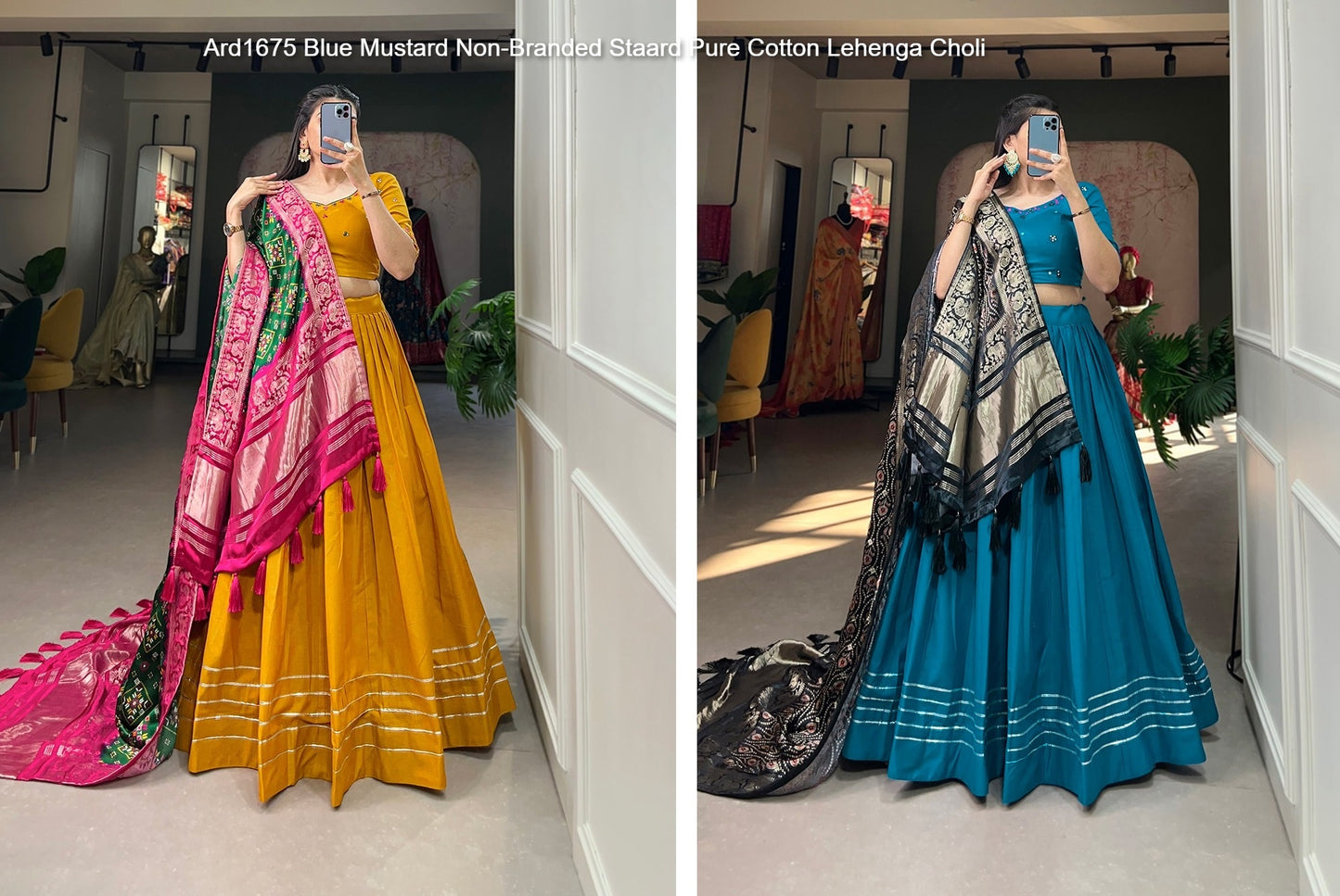 Ard1675 Blue Mustard Non-Branded Staard Pure Cotton Lehenga Choli