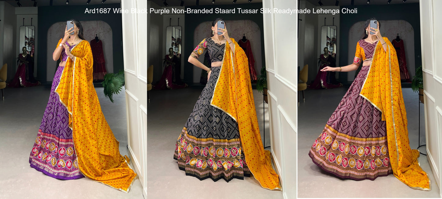 Ard1687 Wine Black Purple Non-Branded Staard Tussar Silk Readymade Lehenga Choli