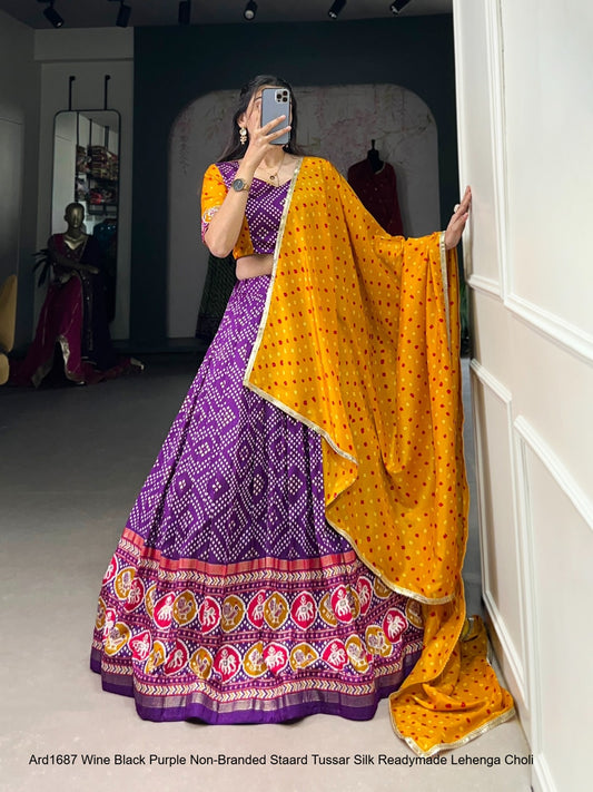 Ard1687 Wine Black Purple Non-Branded Staard Tussar Silk Readymade Lehenga Choli