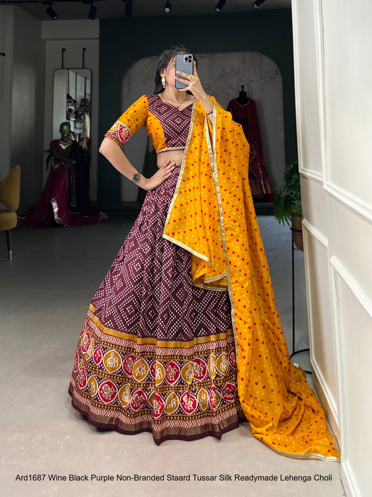 Ard1687 Wine Black Purple Non-Branded Staard Tussar Silk Readymade Lehenga Choli