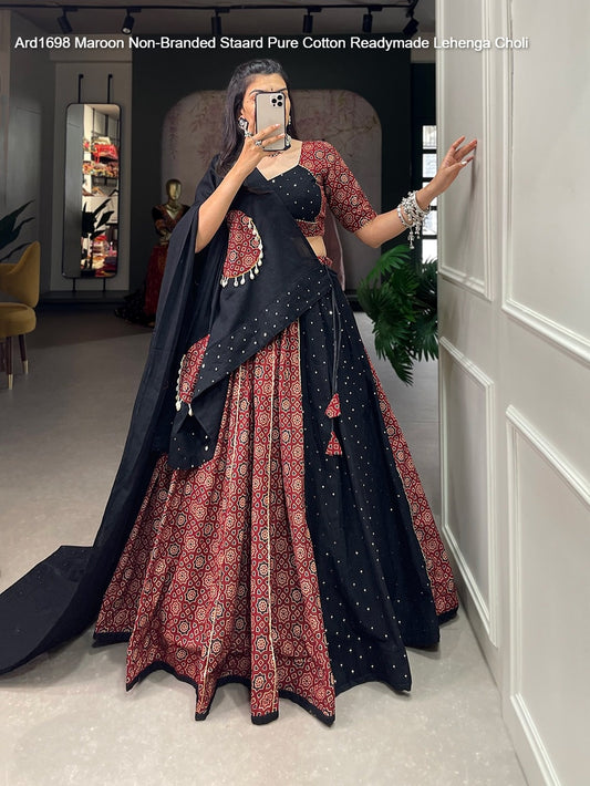 Ard1698 Maroon Non-Branded Staard Pure Cotton Readymade Lehenga Choli