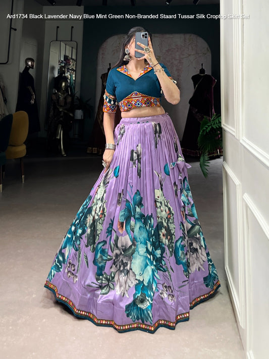 Ard1734 Black Lavender Navy Blue Mint Green Non-Branded Staard Tussar Silk Croptop Skirt Set