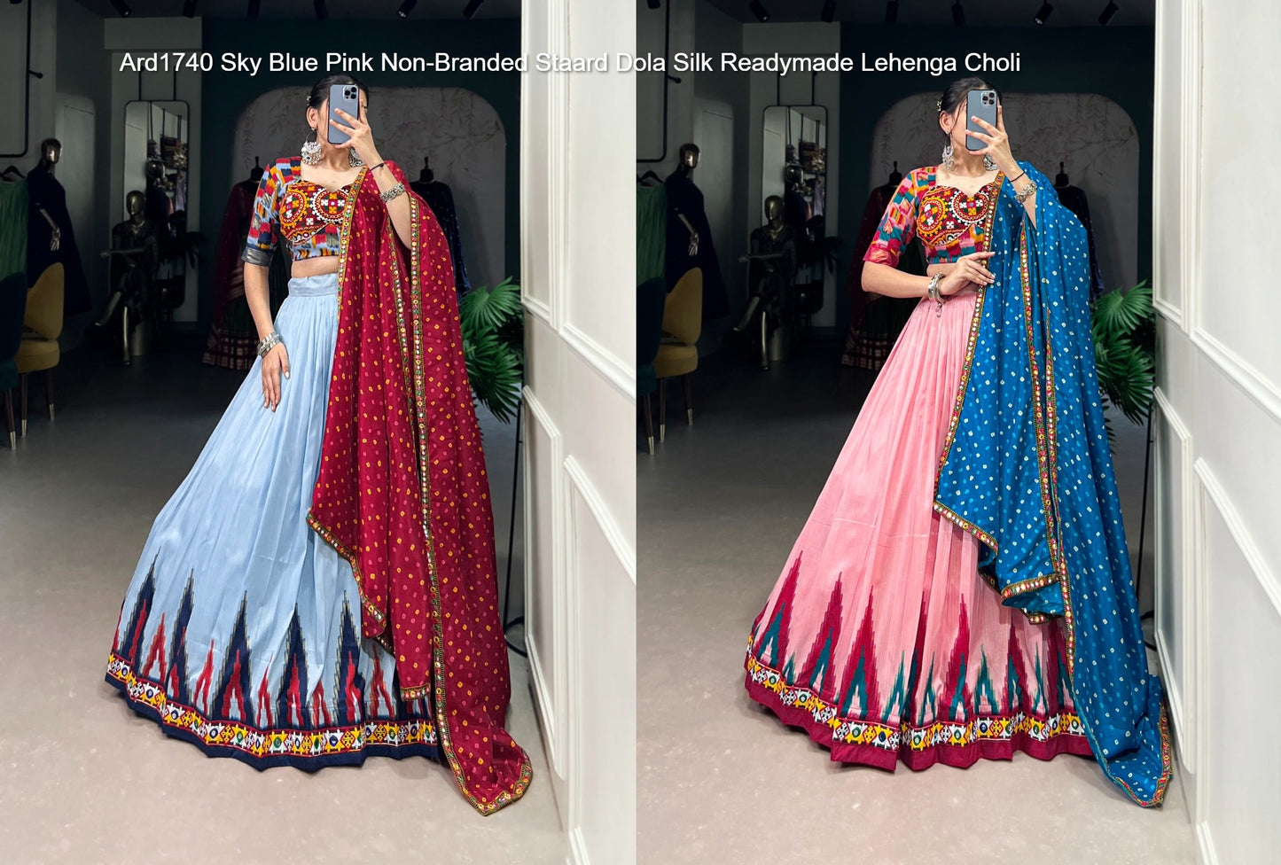Ard1740 Sky Blue Pink Non-Branded Staard Dola Silk Readymade Lehenga Choli