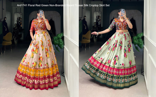 Ard1741 Floral Red Green Non-Branded Staard Tussar Silk Croptop Skirt Set
