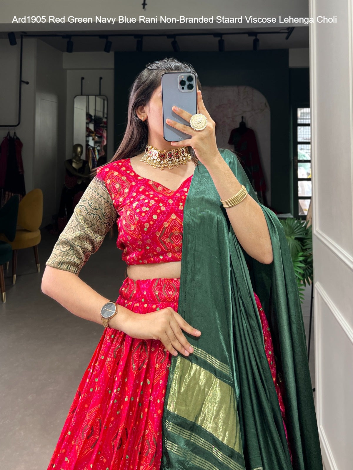 Ard1905 Red Green Navy Blue Rani Non-Branded Staard Viscose Lehenga Choli