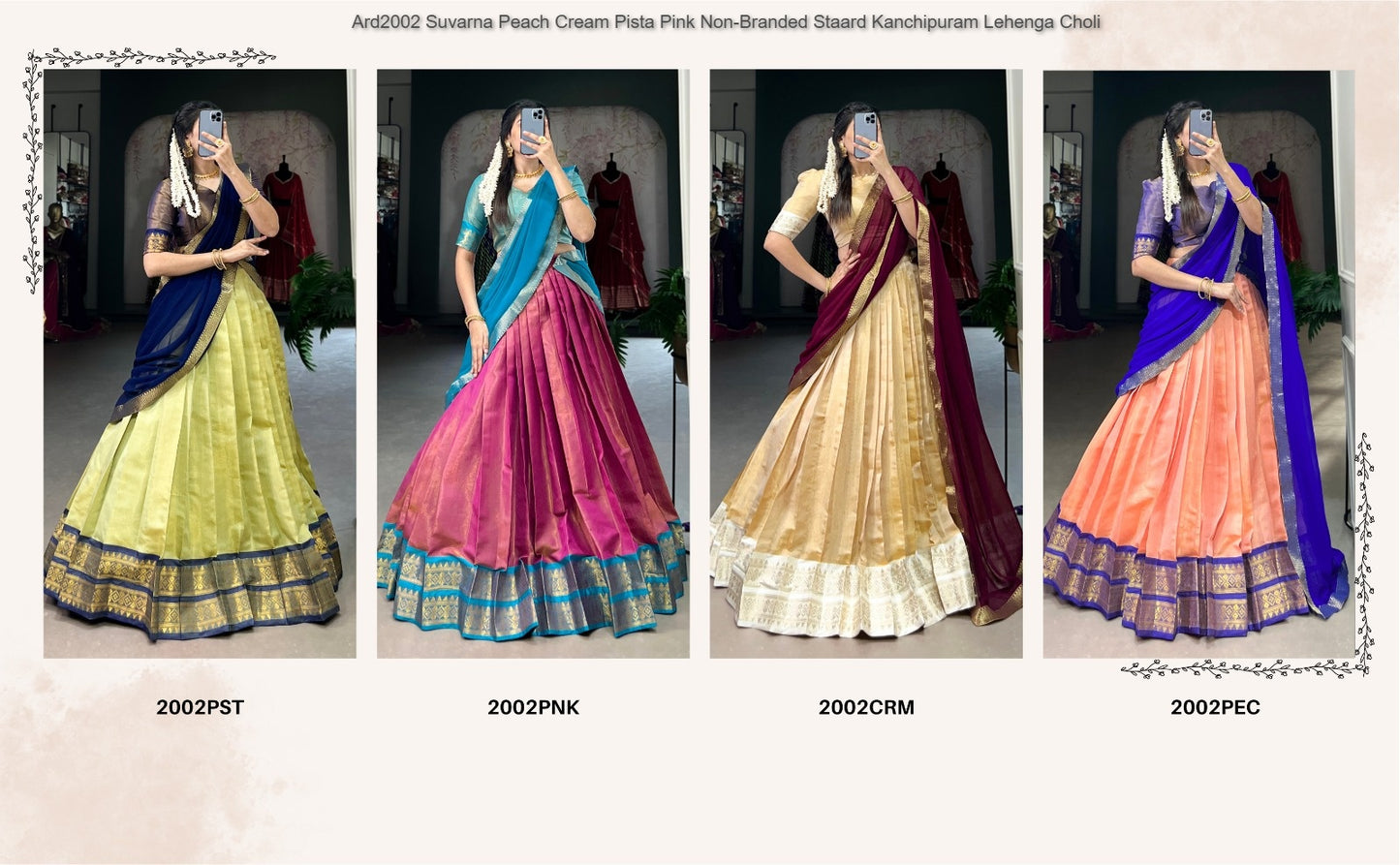 Ard2002 Suvarna Peach Cream Pista Pink Non-Branded Staard Kanchipuram Lehenga Choli