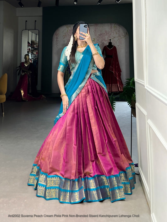 Ard2002 Suvarna Peach Cream Pista Pink Non-Branded Staard Kanchipuram Lehenga Choli