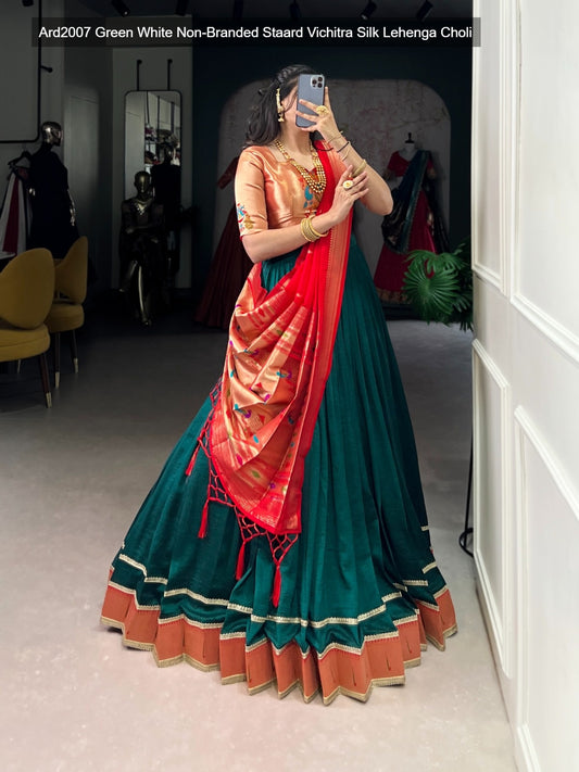 Ard2007 Green White Non-Branded Staard Vichitra Silk Lehenga Choli