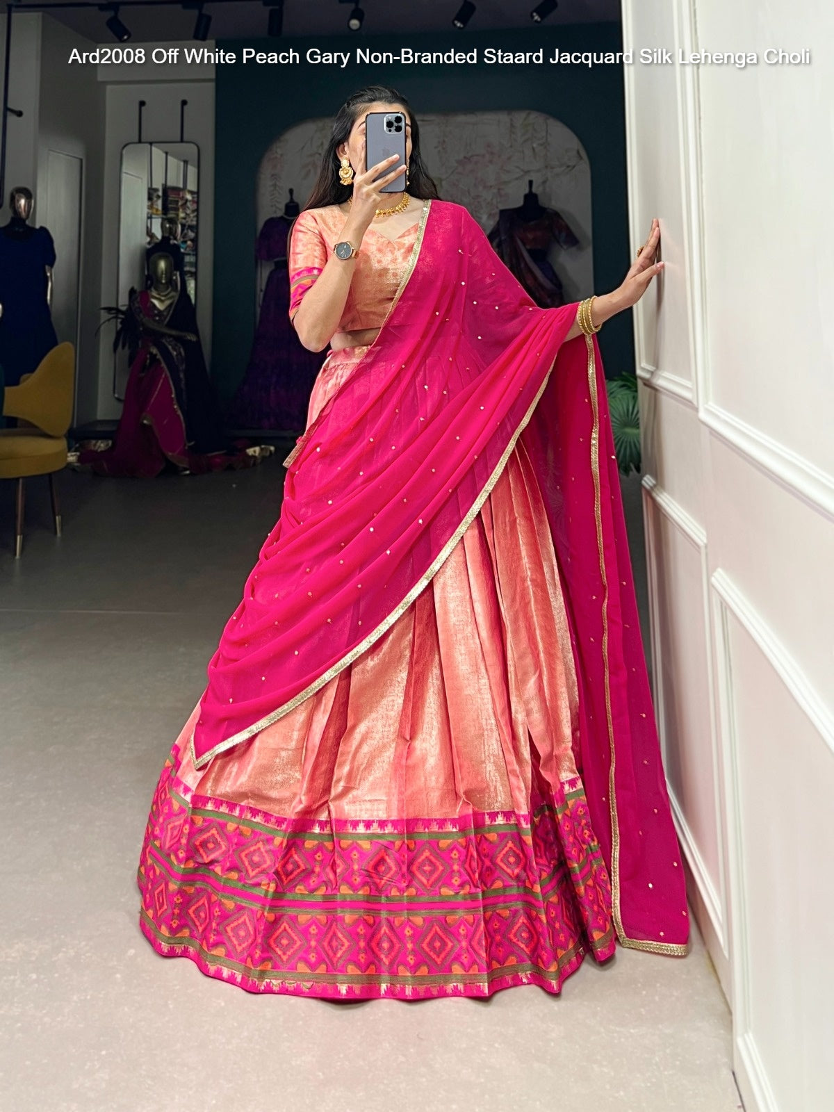 Ard2008 Off White Peach Gary Non-Branded Staard Jacquard Silk Lehenga Choli