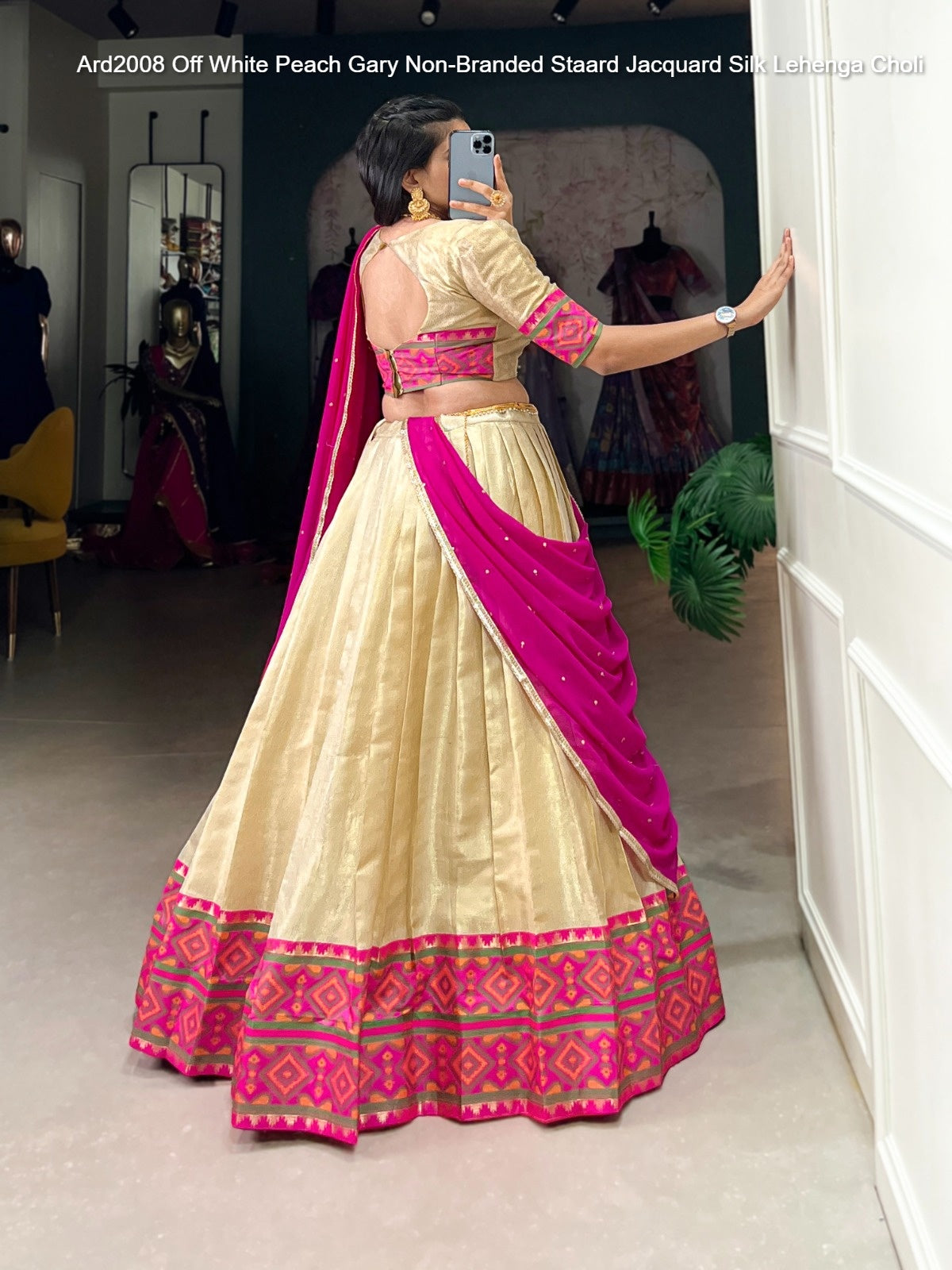 Ard2008 Off White Peach Gary Non-Branded Staard Jacquard Silk Lehenga Choli