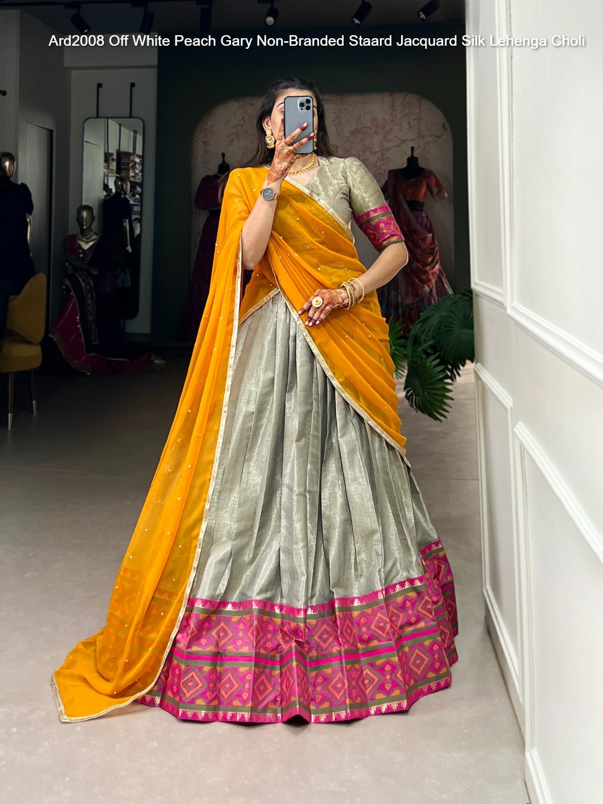 Ard2008 Off White Peach Gary Non-Branded Staard Jacquard Silk Lehenga Choli