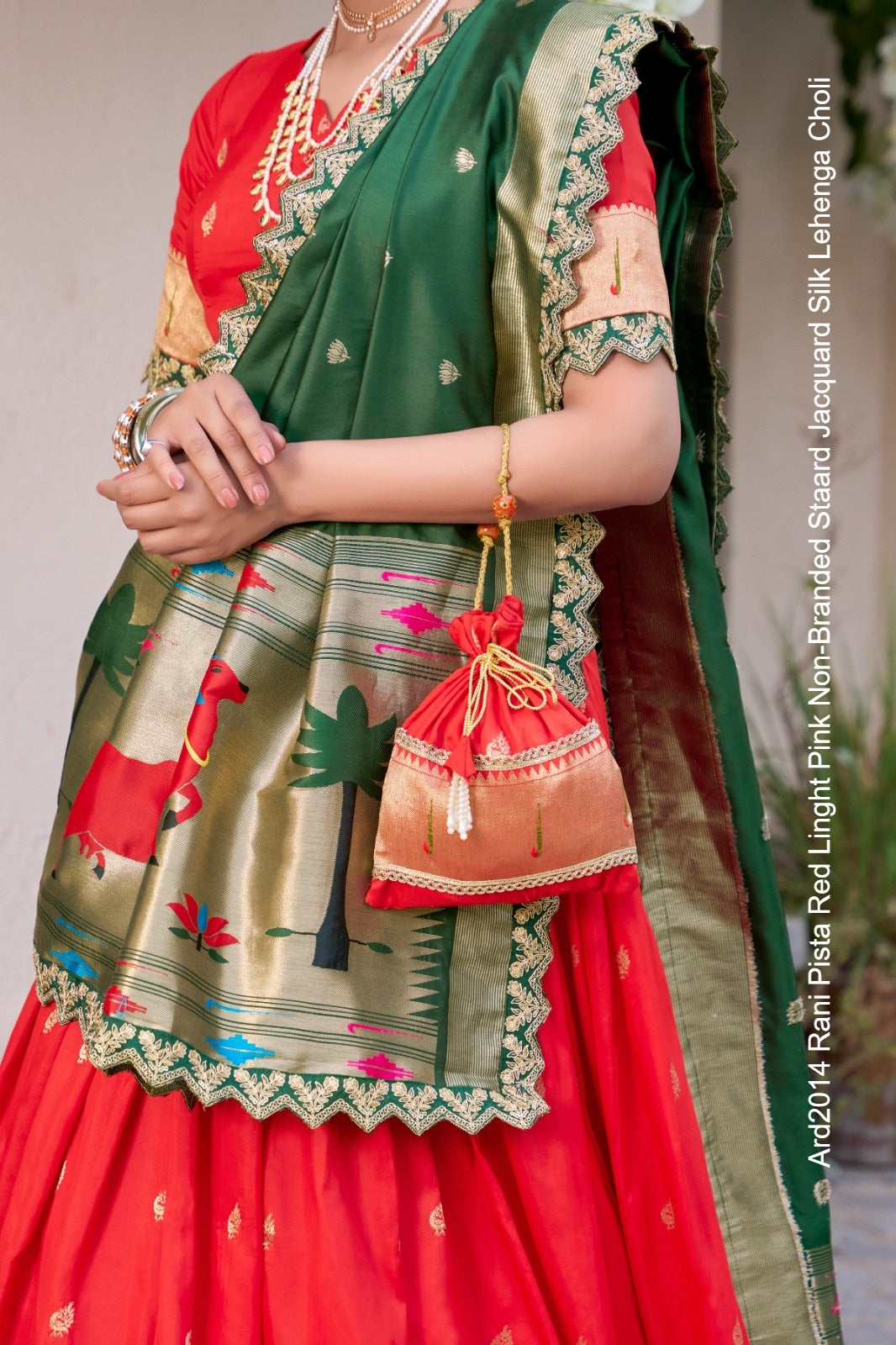 Ard2014 Rani Pista Red Linght Pink Non-Branded Staard Jacquard Silk Lehenga Choli