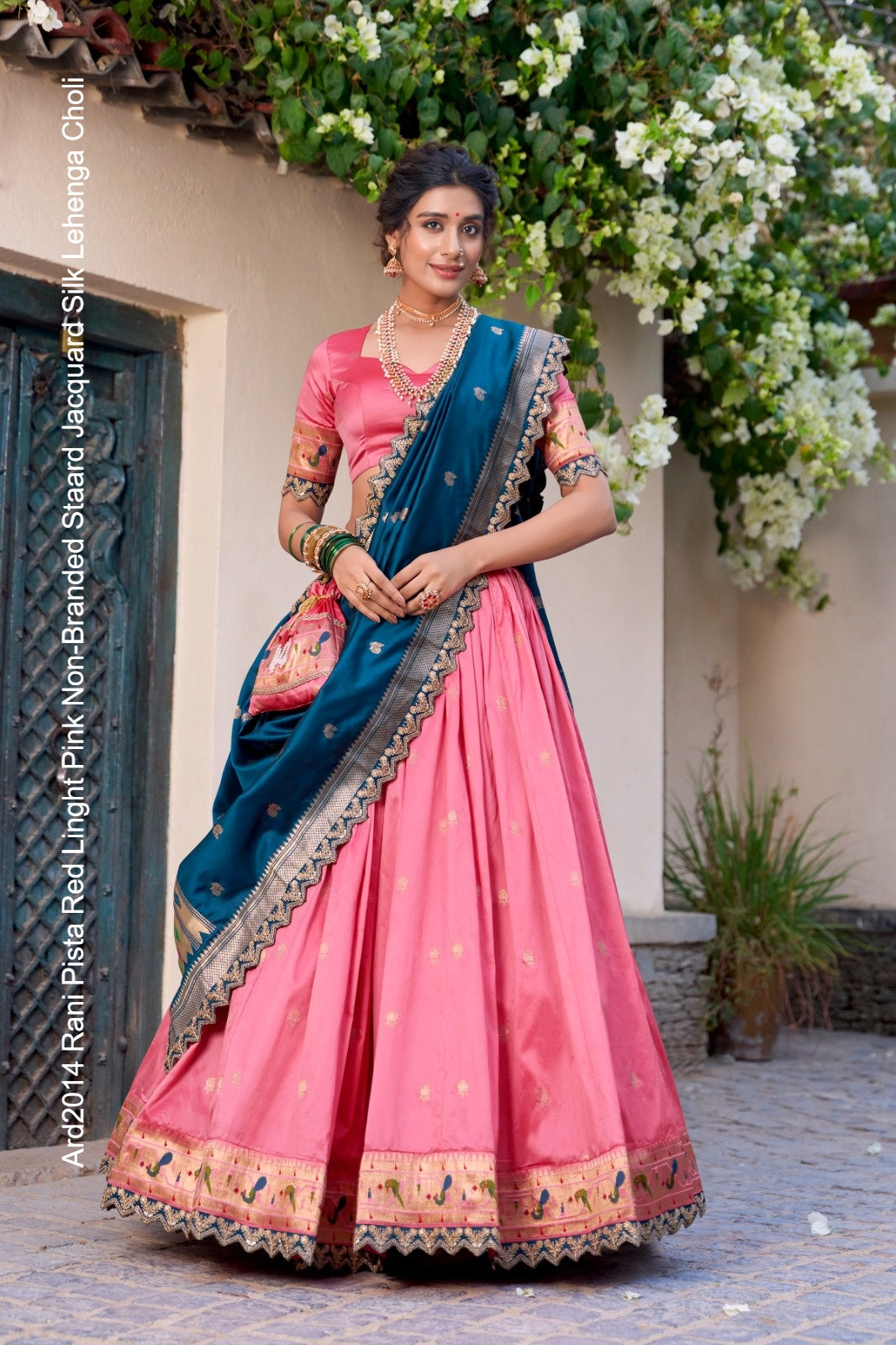 Ard2014 Rani Pista Red Linght Pink Non-Branded Staard Jacquard Silk Lehenga Choli