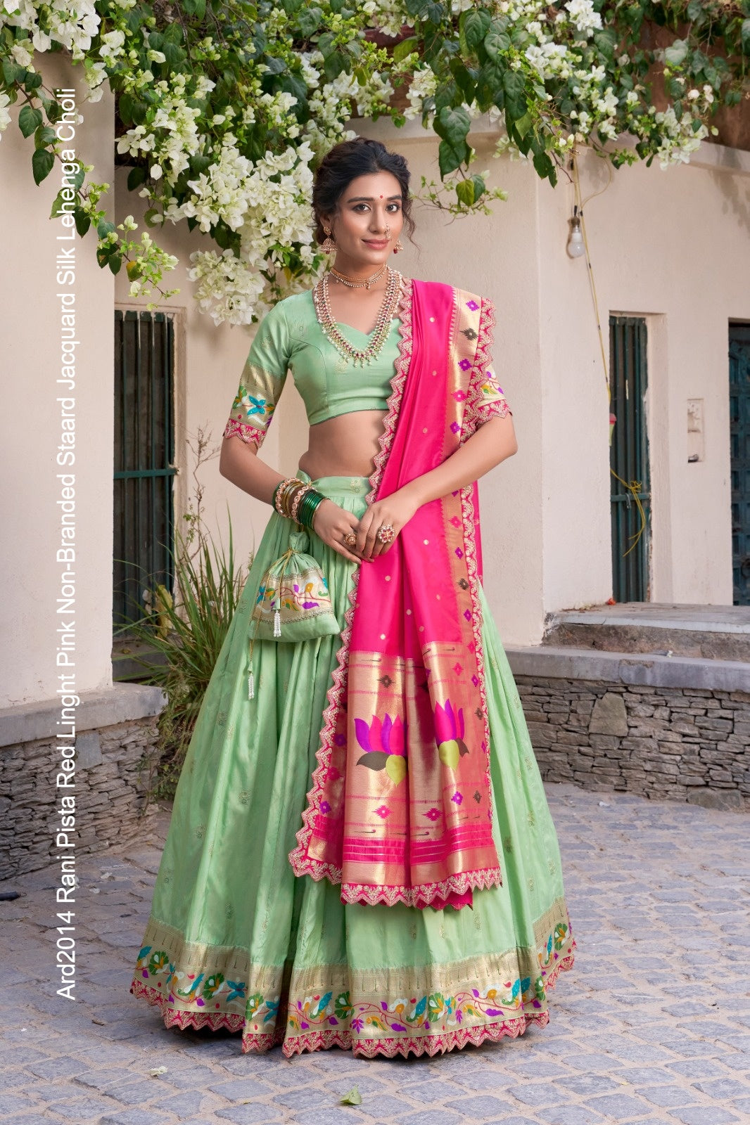 Ard2014 Rani Pista Red Linght Pink Non-Branded Staard Jacquard Silk Lehenga Choli