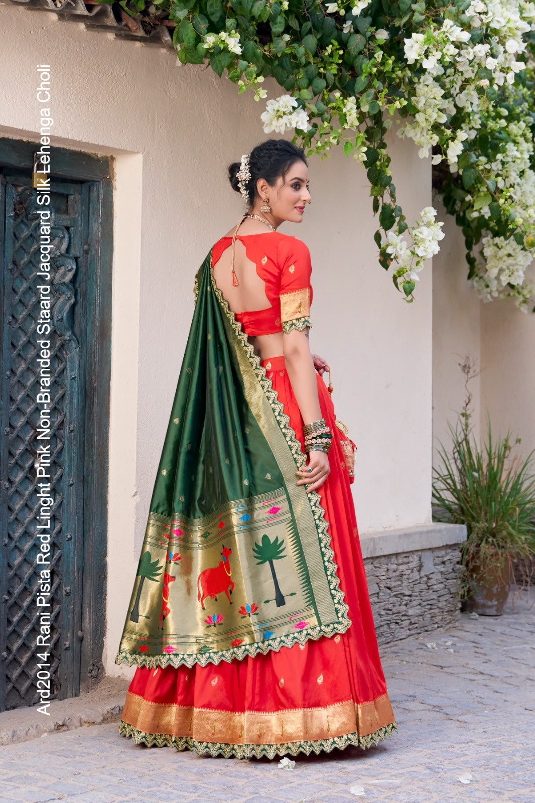 Ard2014 Rani Pista Red Linght Pink Non-Branded Staard Jacquard Silk Lehenga Choli