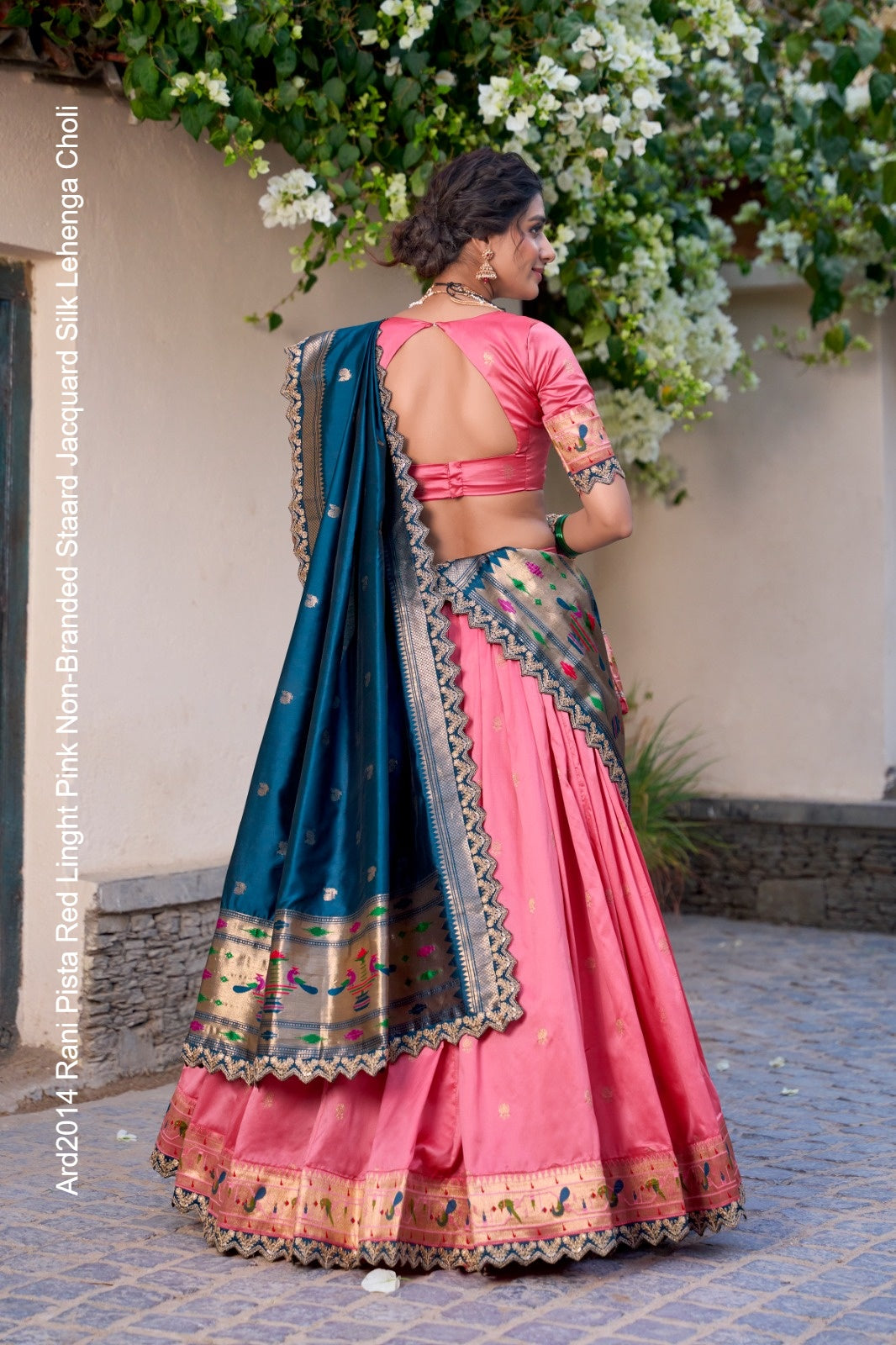 Ard2014 Rani Pista Red Linght Pink Non-Branded Staard Jacquard Silk Lehenga Choli