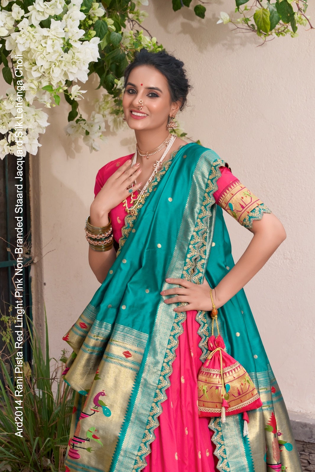 Ard2014 Rani Pista Red Linght Pink Non-Branded Staard Jacquard Silk Lehenga Choli