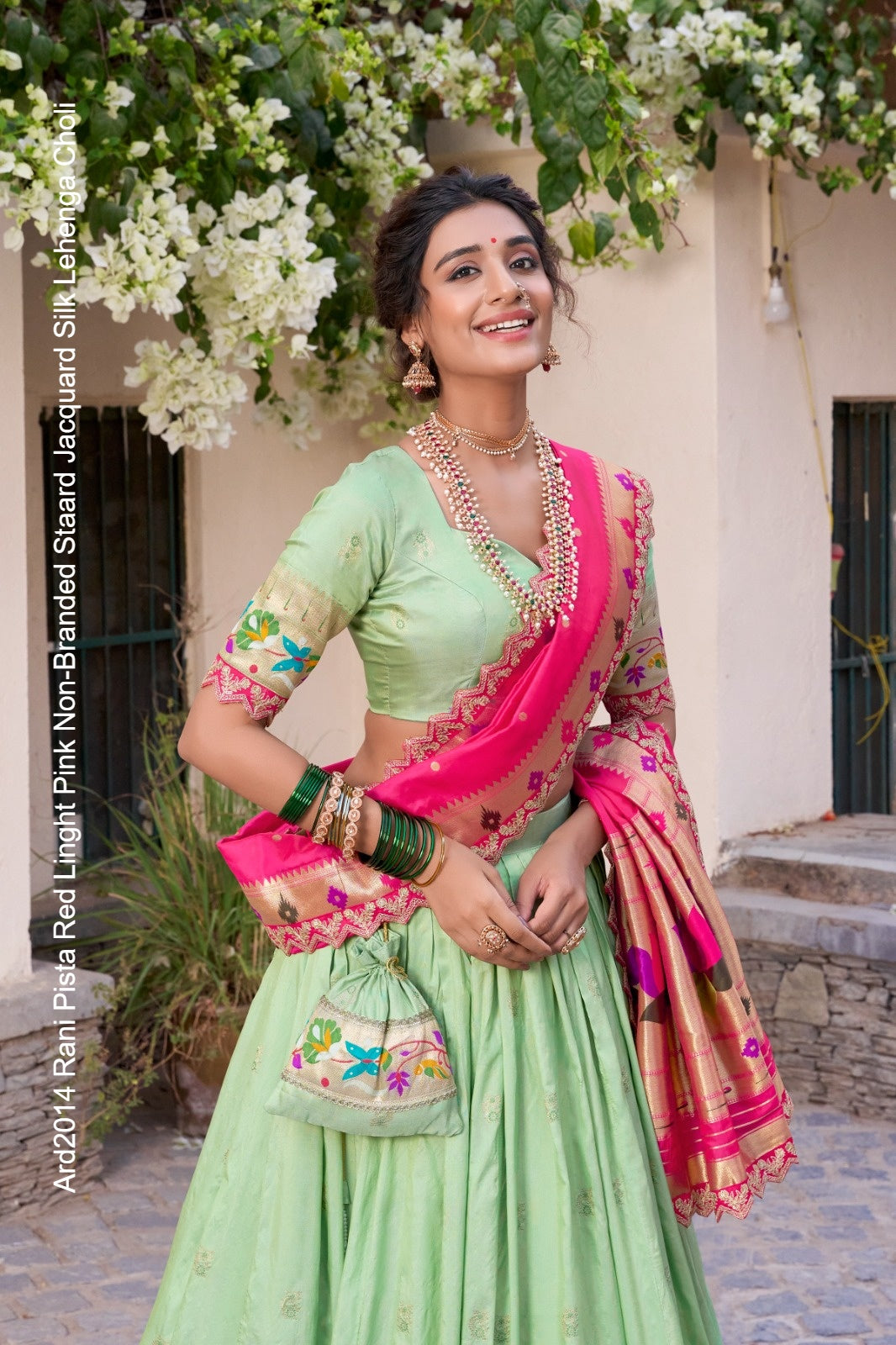 Ard2014 Rani Pista Red Linght Pink Non-Branded Staard Jacquard Silk Lehenga Choli