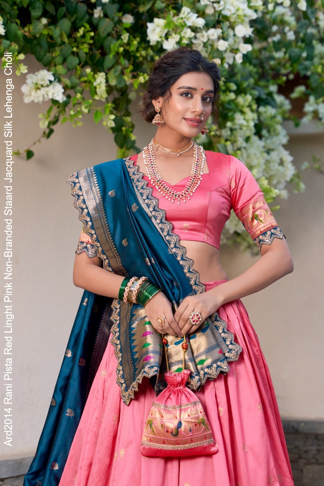 Ard2014 Rani Pista Red Linght Pink Non-Branded Staard Jacquard Silk Lehenga Choli