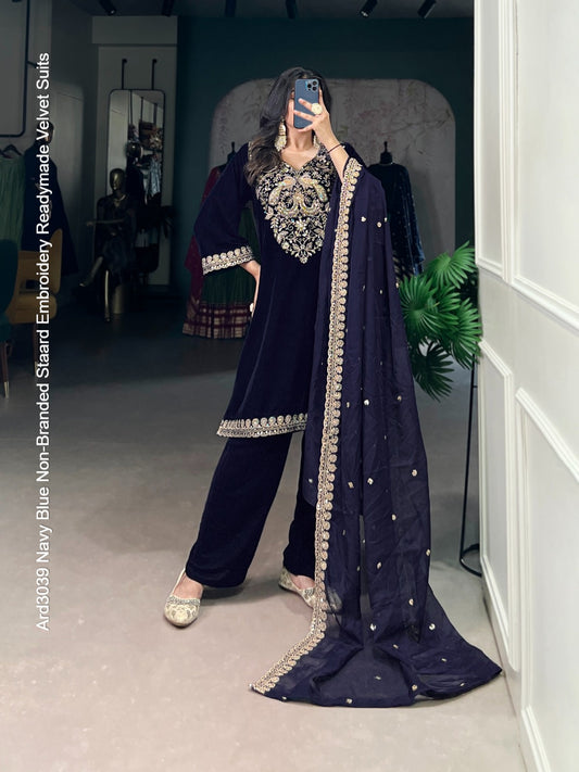 Ard3039 Navy Blue Non-Branded Staard Embroidery Readymade Velvet Suits