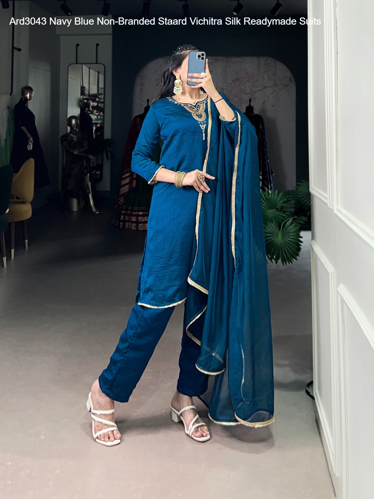 Ard3043 Navy Blue Non-Branded Staard Vichitra Silk Readymade Suits