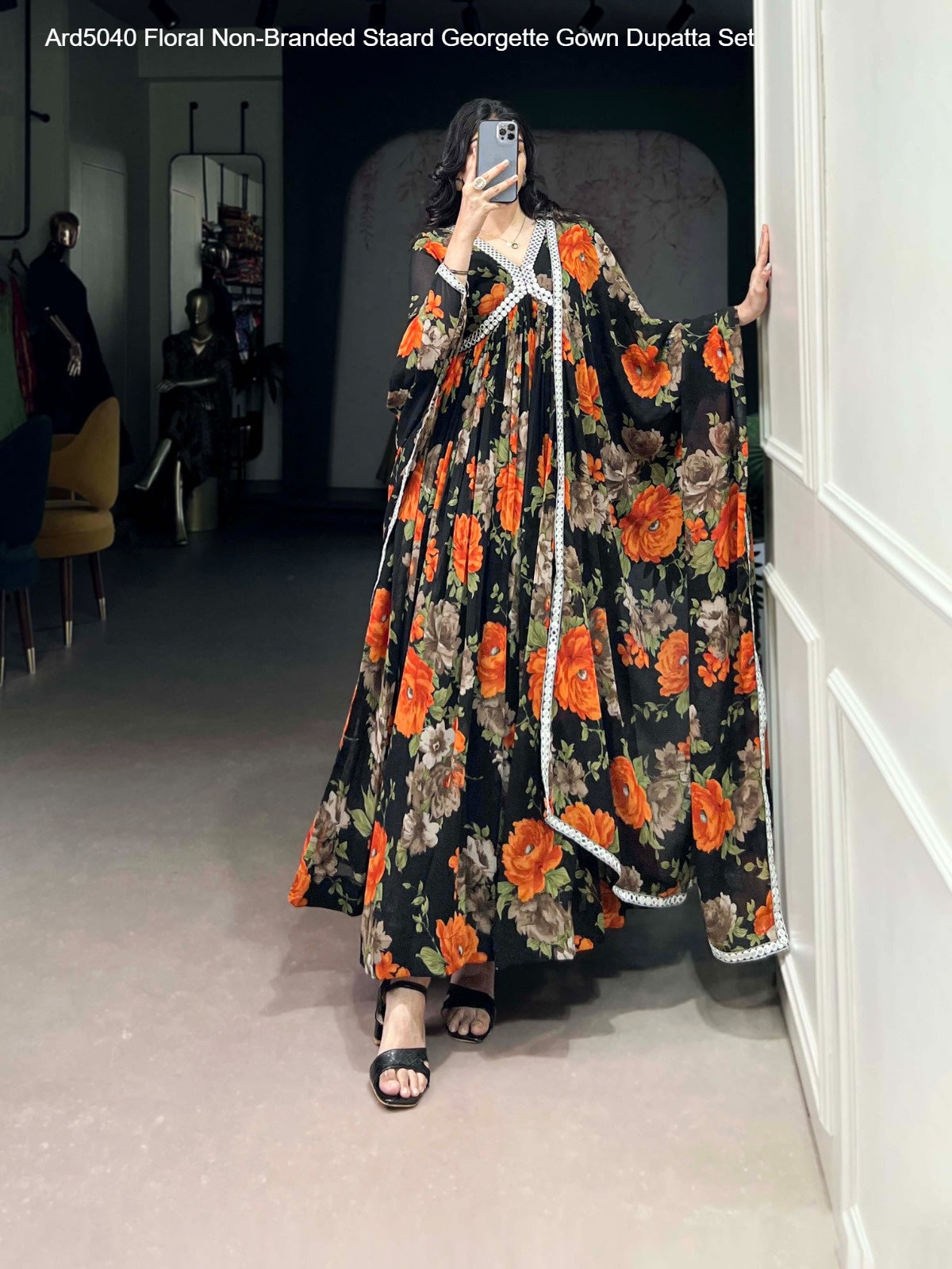 Ard5040 Floral Non-Branded Staard Georgette Gown Dupatta Set