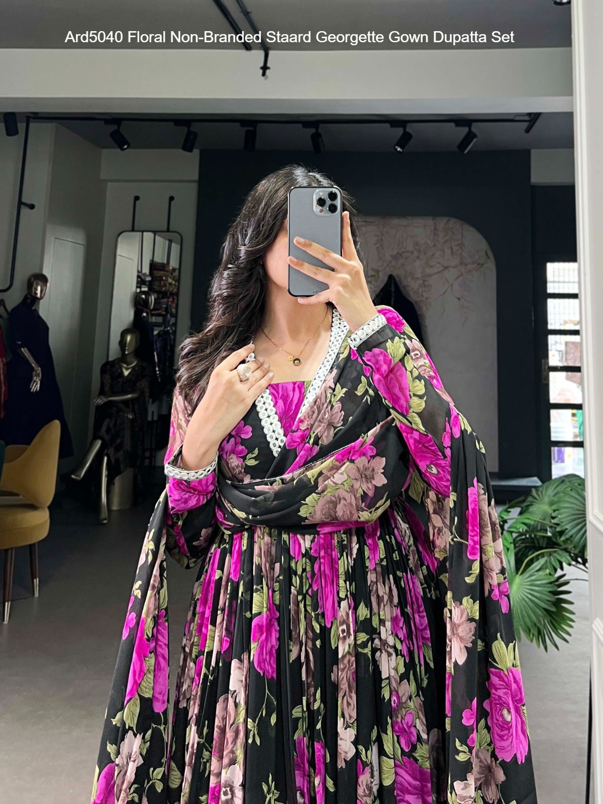 Ard5040 Floral Non-Branded Staard Georgette Gown Dupatta Set