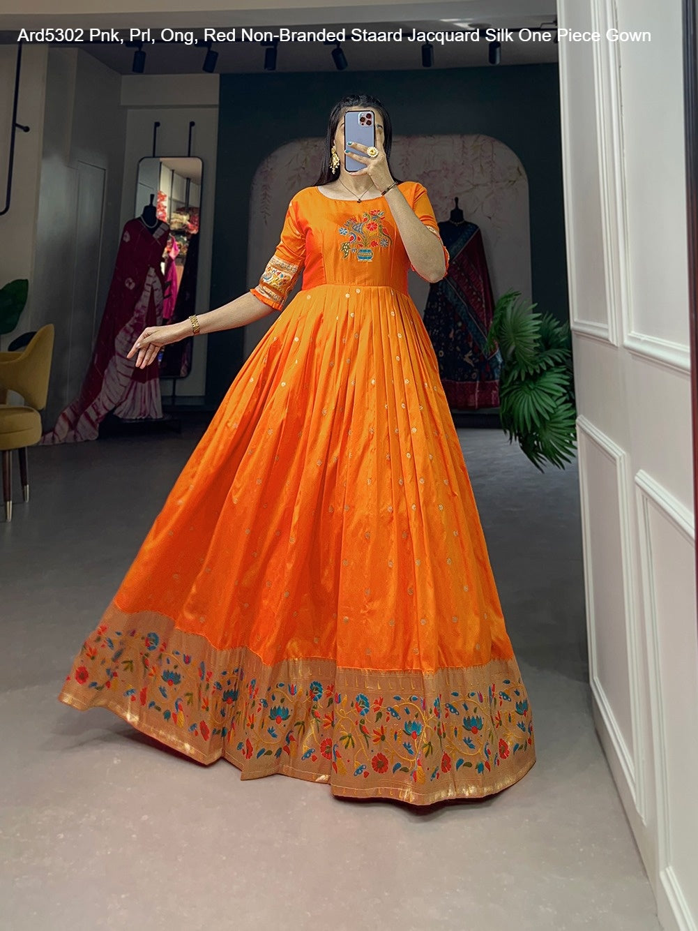 Ard5302 Pnk, Prl, Ong, Red Non-Branded Staard Jacquard Silk One Piece Gown