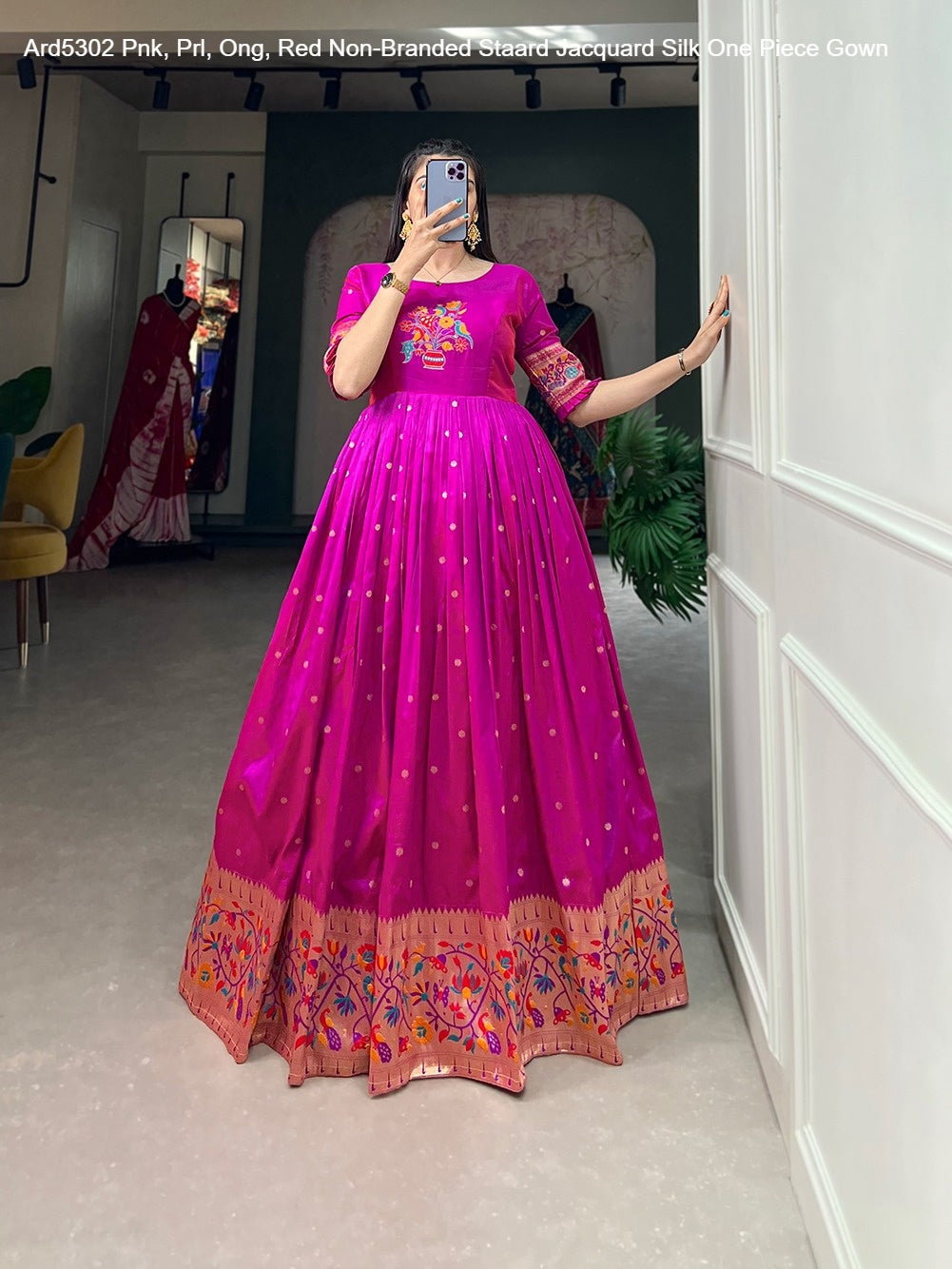 Ard5302 Pnk, Prl, Ong, Red Non-Branded Staard Jacquard Silk One Piece Gown