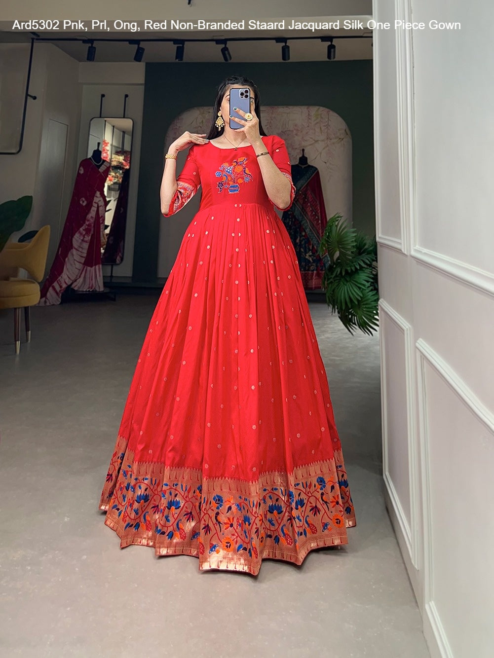 Ard5302 Pnk, Prl, Ong, Red Non-Branded Staard Jacquard Silk One Piece Gown