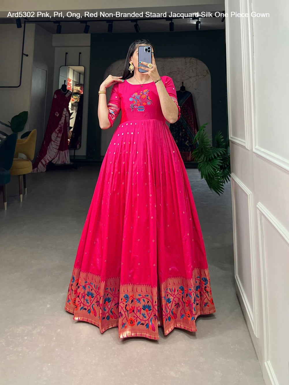 Ard5302 Pnk, Prl, Ong, Red Non-Branded Staard Jacquard Silk One Piece Gown
