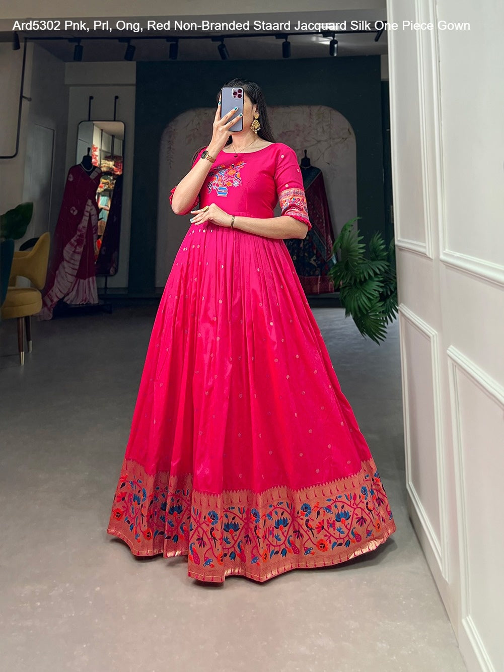 Ard5302 Pnk, Prl, Ong, Red Non-Branded Staard Jacquard Silk One Piece Gown