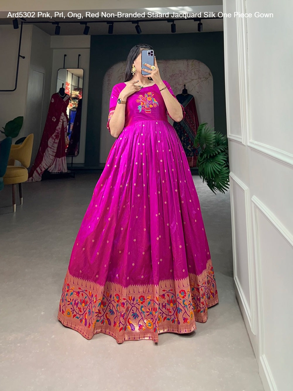 Ard5302 Pnk, Prl, Ong, Red Non-Branded Staard Jacquard Silk One Piece Gown
