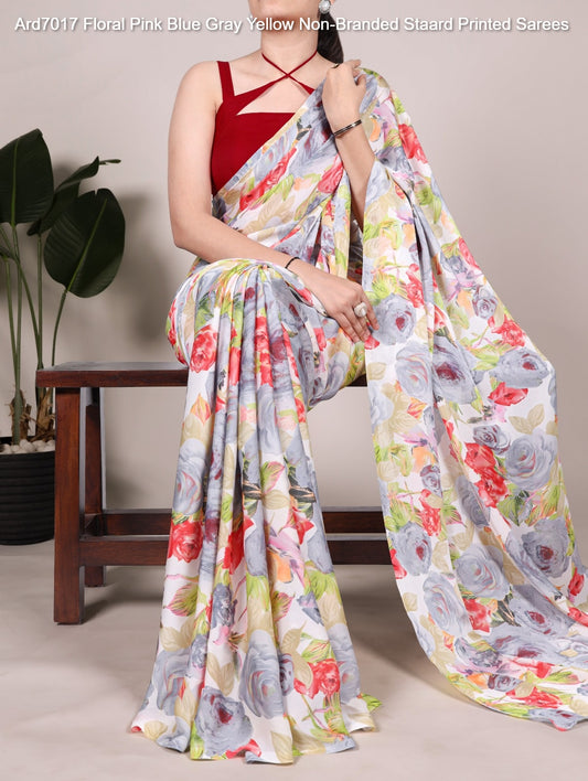 Ard7017 Floral Pink Blue Gray Yellow Non-Branded Staard Printed Sarees