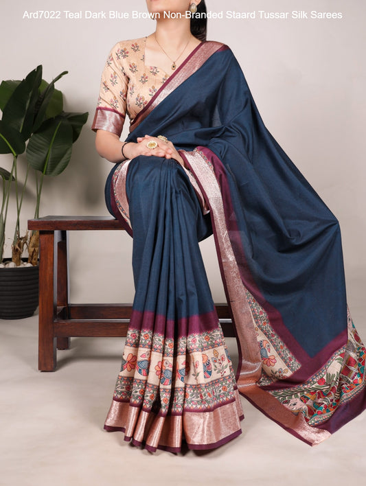 Ard7022 Teal Dark Blue Brown Non-Branded Staard Tussar Silk Sarees
