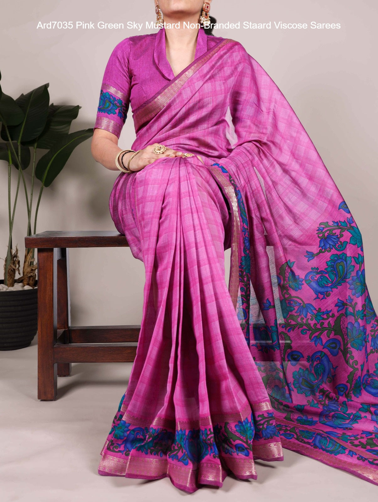 Ard7035 Pink Green Sky Mustard Non-Branded Staard Viscose Sarees