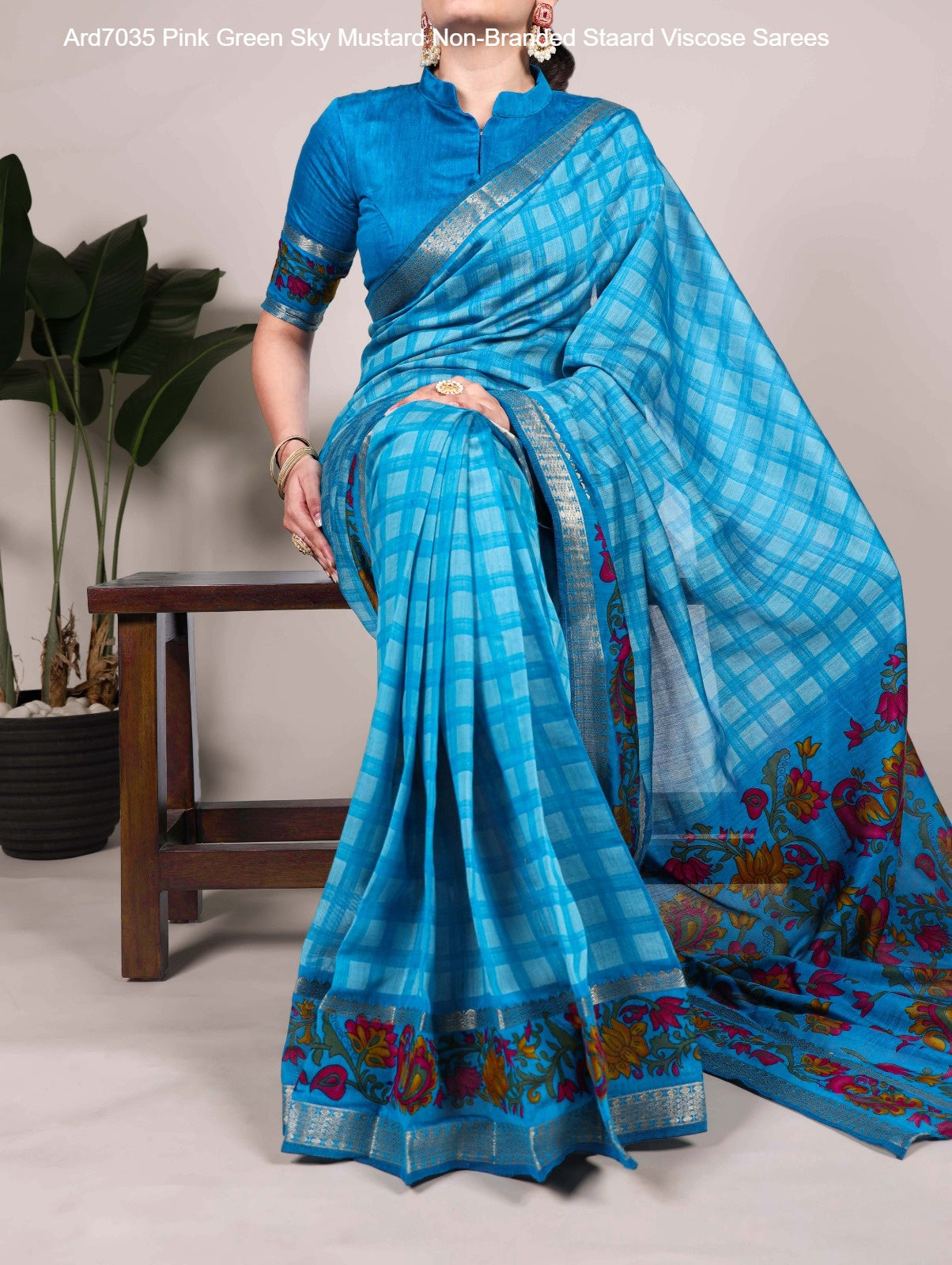 Ard7035 Pink Green Sky Mustard Non-Branded Staard Viscose Sarees