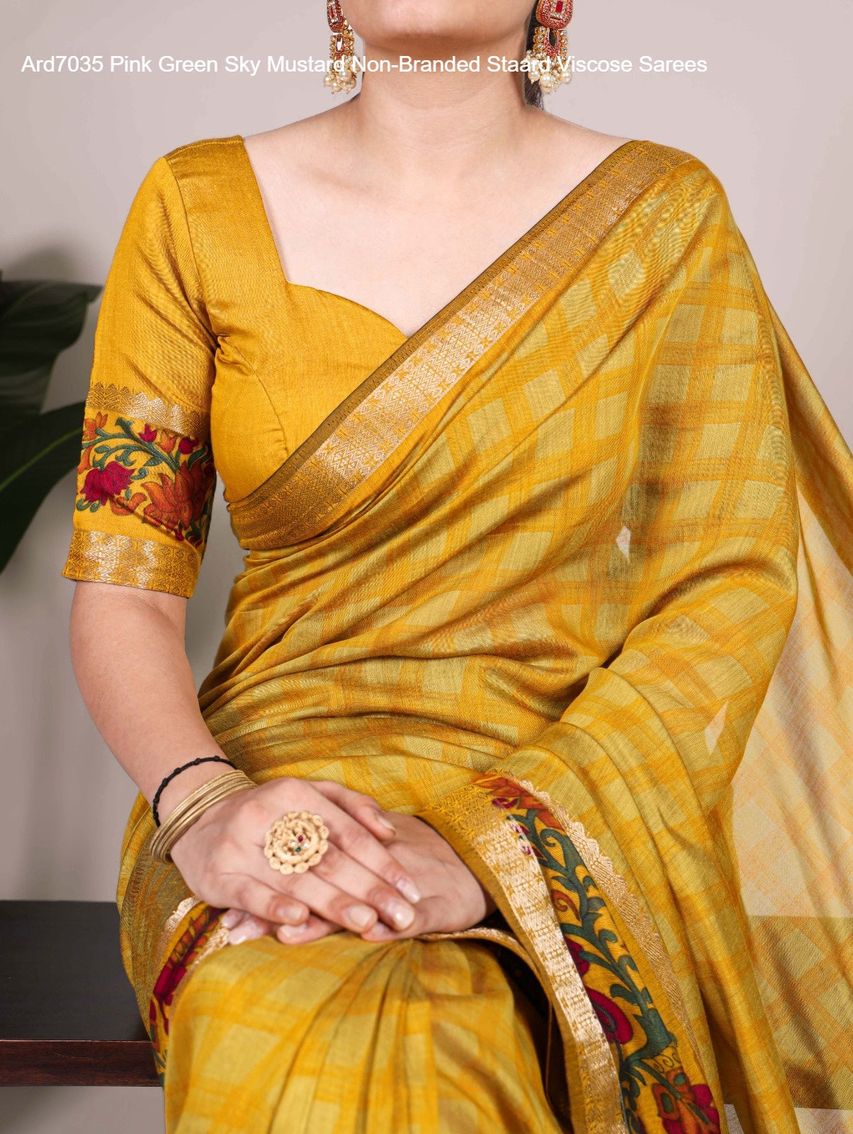 Ard7035 Pink Green Sky Mustard Non-Branded Staard Viscose Sarees