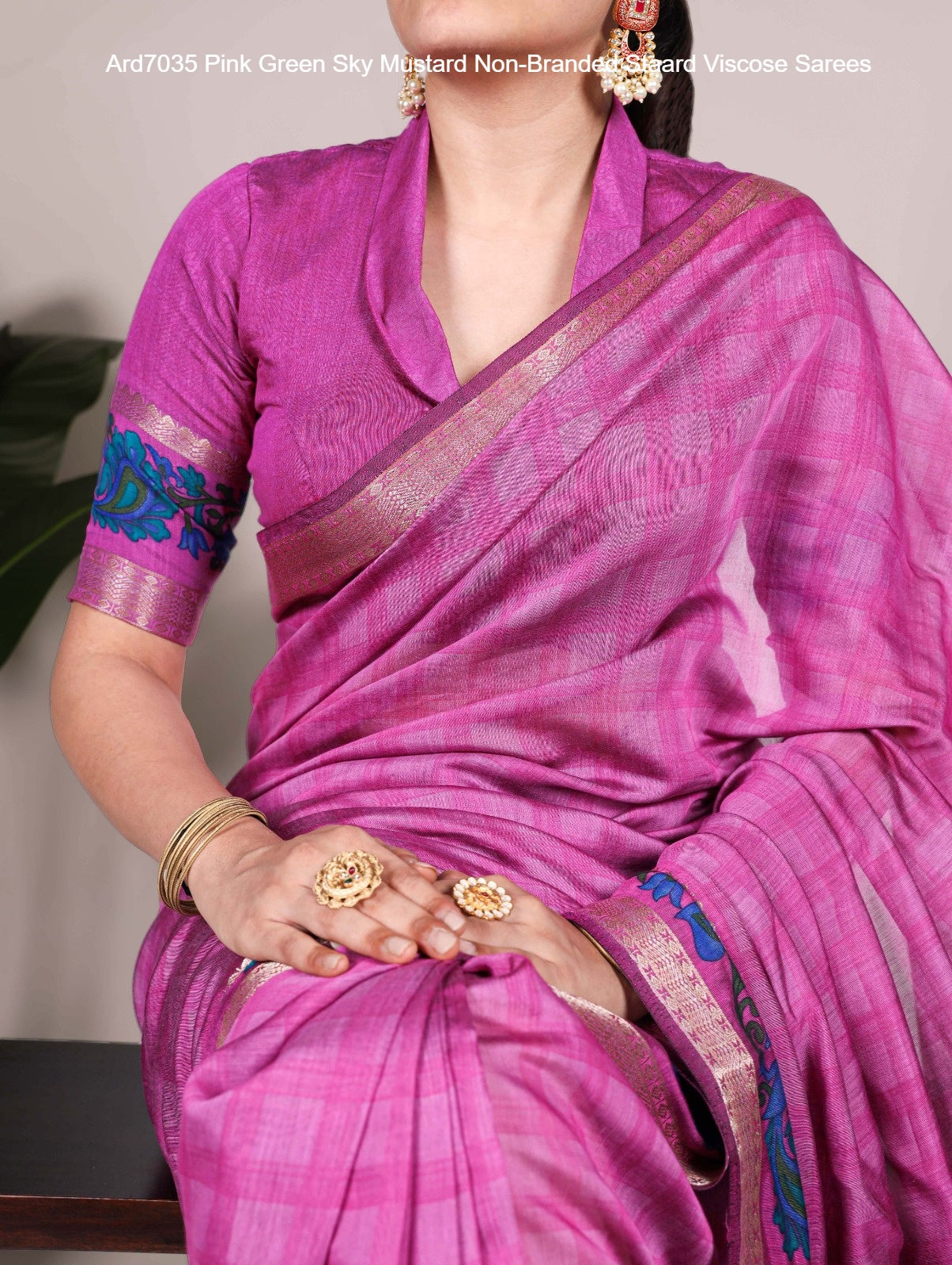 Ard7035 Pink Green Sky Mustard Non-Branded Staard Viscose Sarees