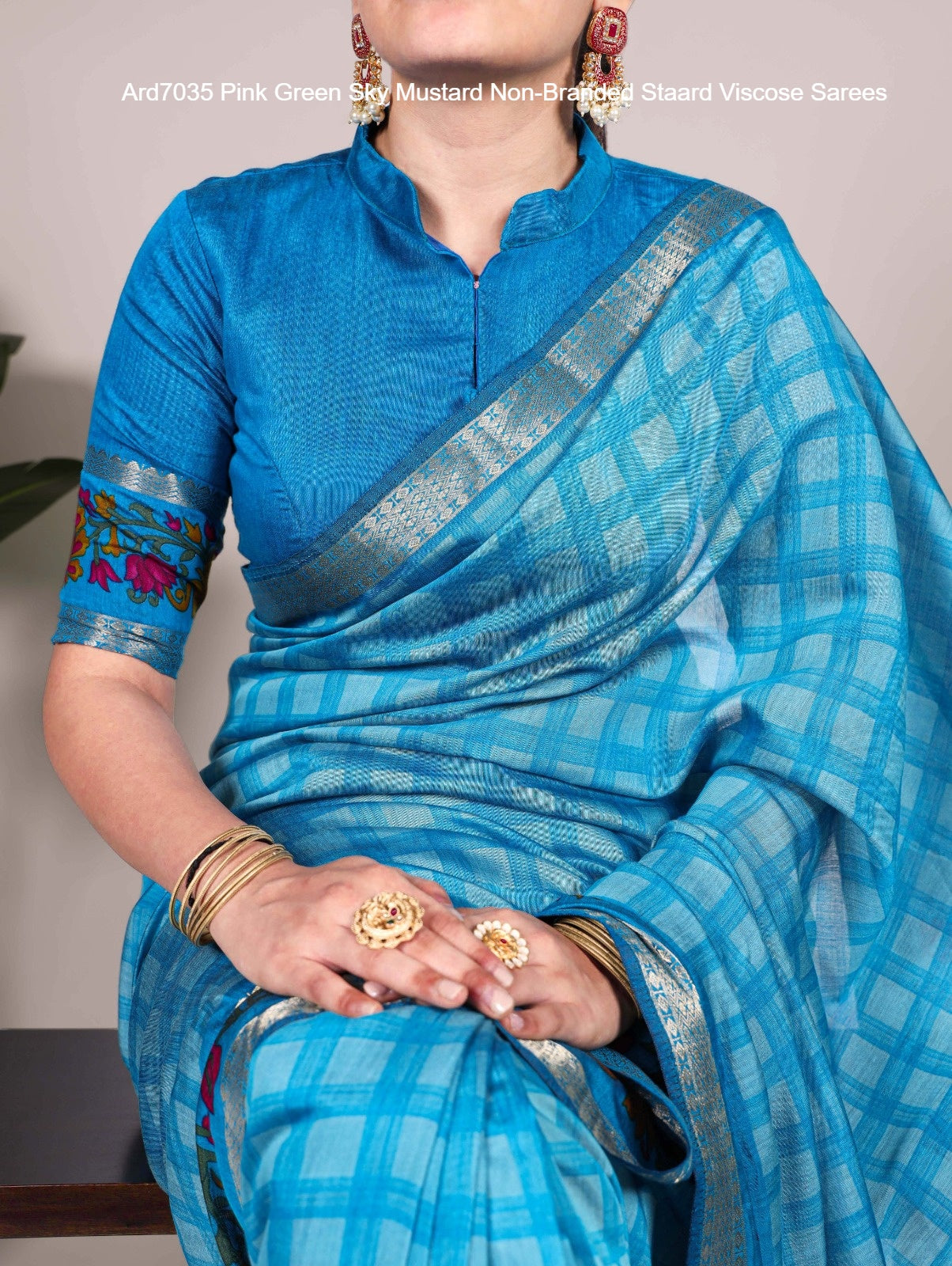 Ard7035 Pink Green Sky Mustard Non-Branded Staard Viscose Sarees