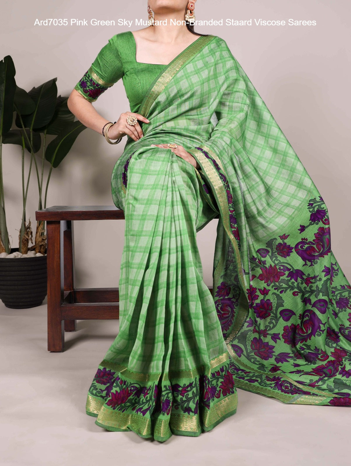 Ard7035 Pink Green Sky Mustard Non-Branded Staard Viscose Sarees