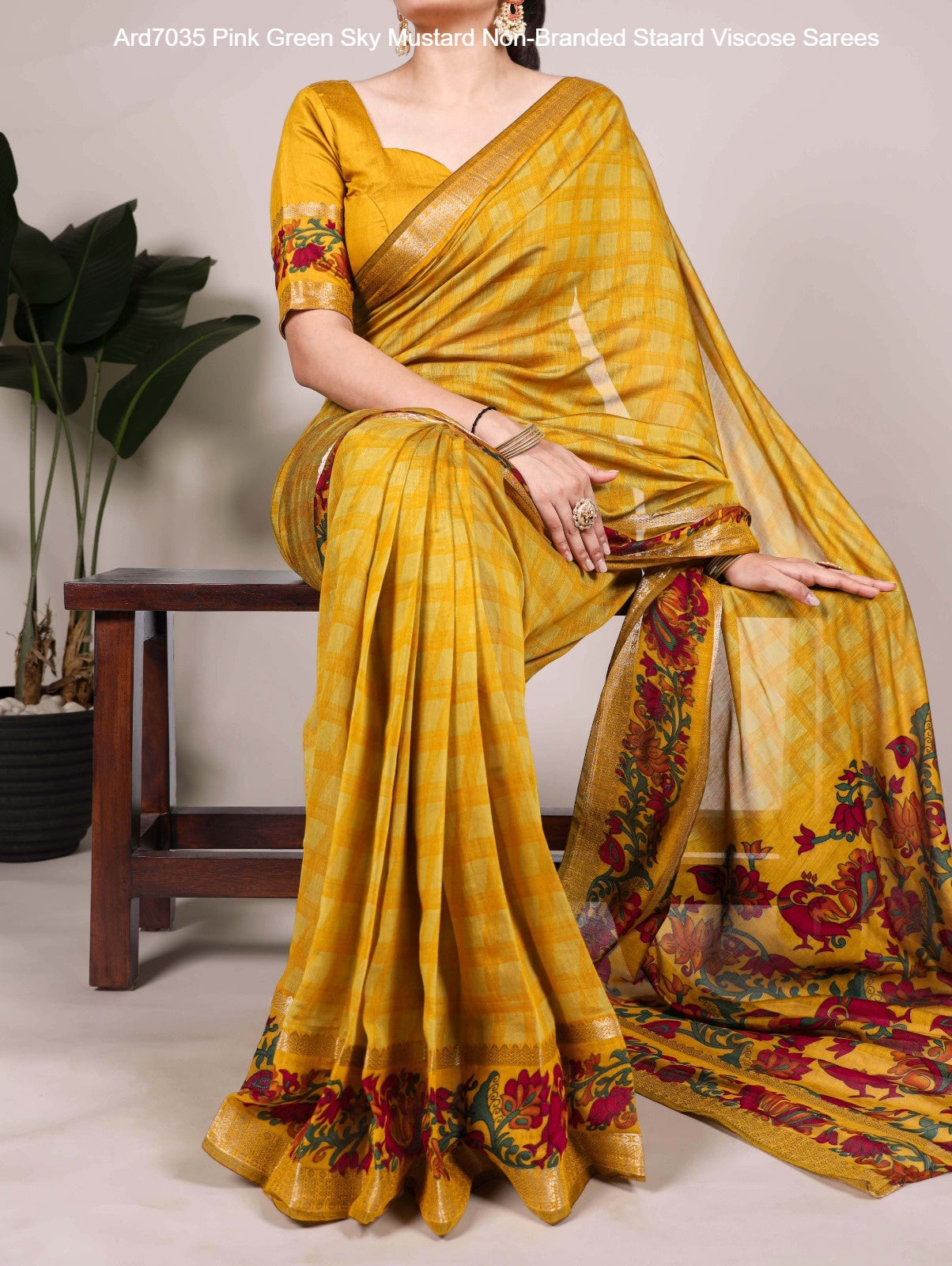 Ard7035 Pink Green Sky Mustard Non-Branded Staard Viscose Sarees
