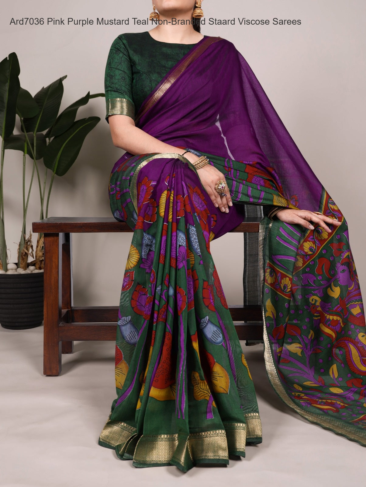 Ard7036 Pink Purple Mustard Teal Non-Branded Staard Viscose Sarees