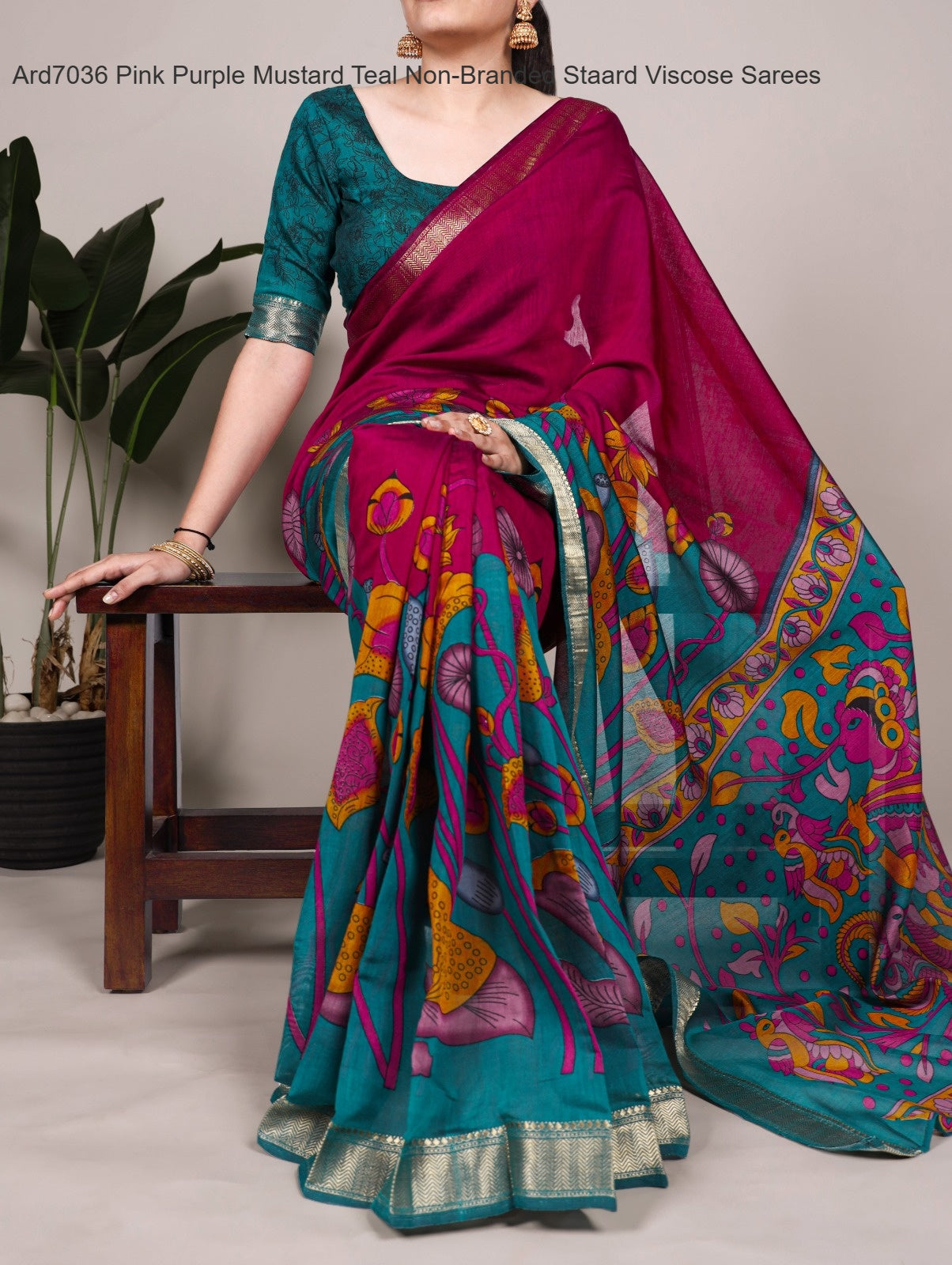 Ard7036 Pink Purple Mustard Teal Non-Branded Staard Viscose Sarees