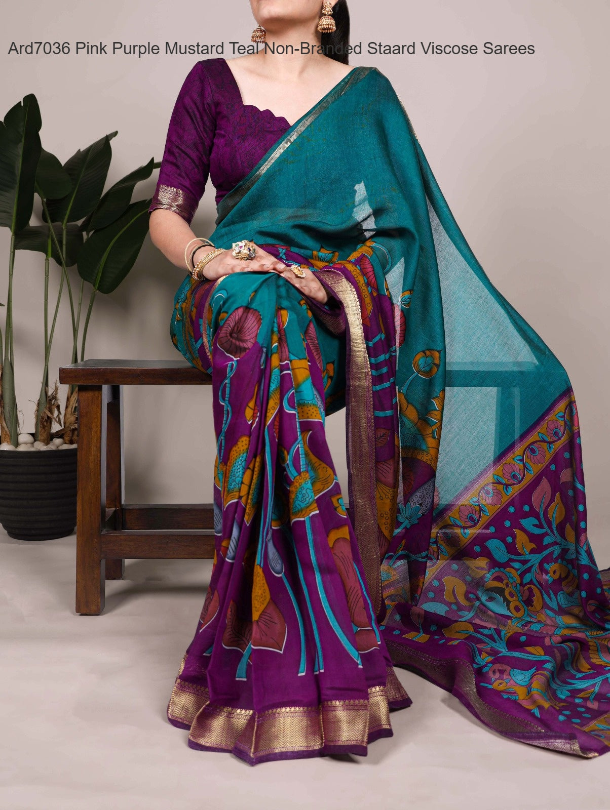 Ard7036 Pink Purple Mustard Teal Non-Branded Staard Viscose Sarees