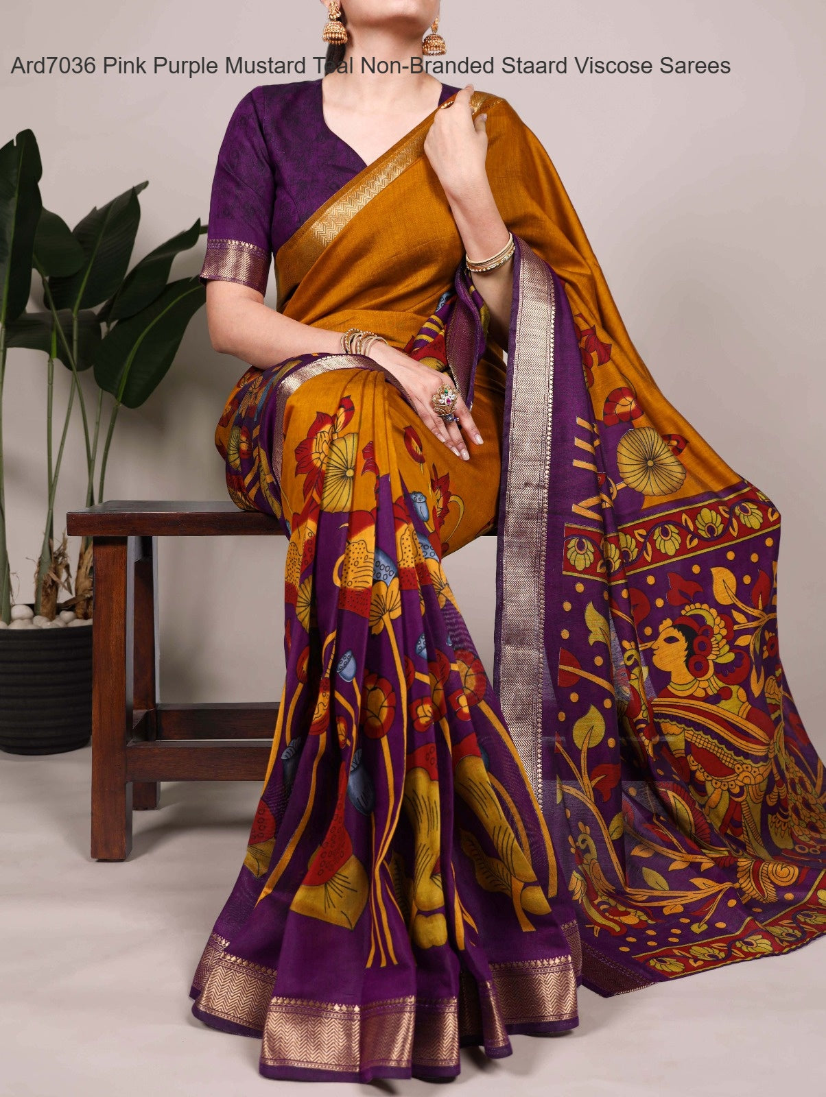 Ard7036 Pink Purple Mustard Teal Non-Branded Staard Viscose Sarees